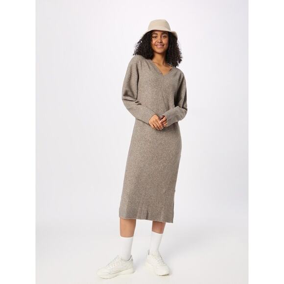 WEEKDAY Ellen V-Neck Knit Dress Light Brown Ribbed Long Sleeve Slit Size Small - Picture 1 of 11